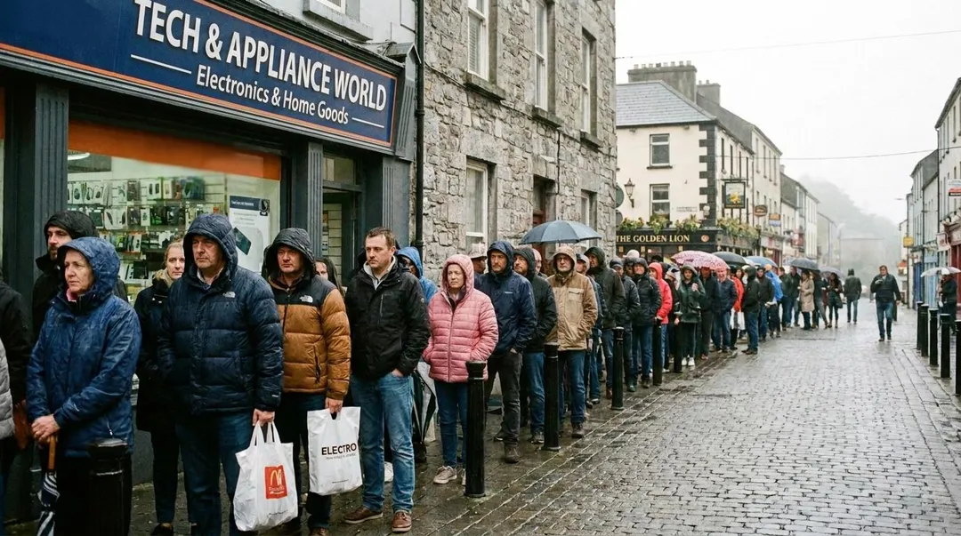 People lining up outside a tech and appliance store after the broadcast