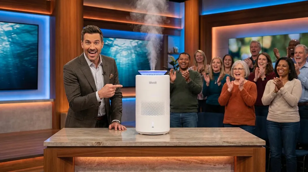 Television studio segment featuring a Levoit humidifier demonstration